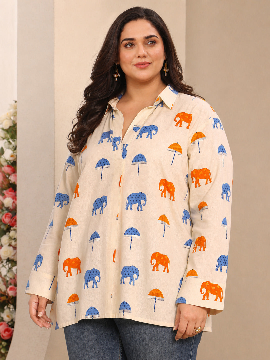Plus Size Off White Humanoid Printed Cotton Straight Short Kurti