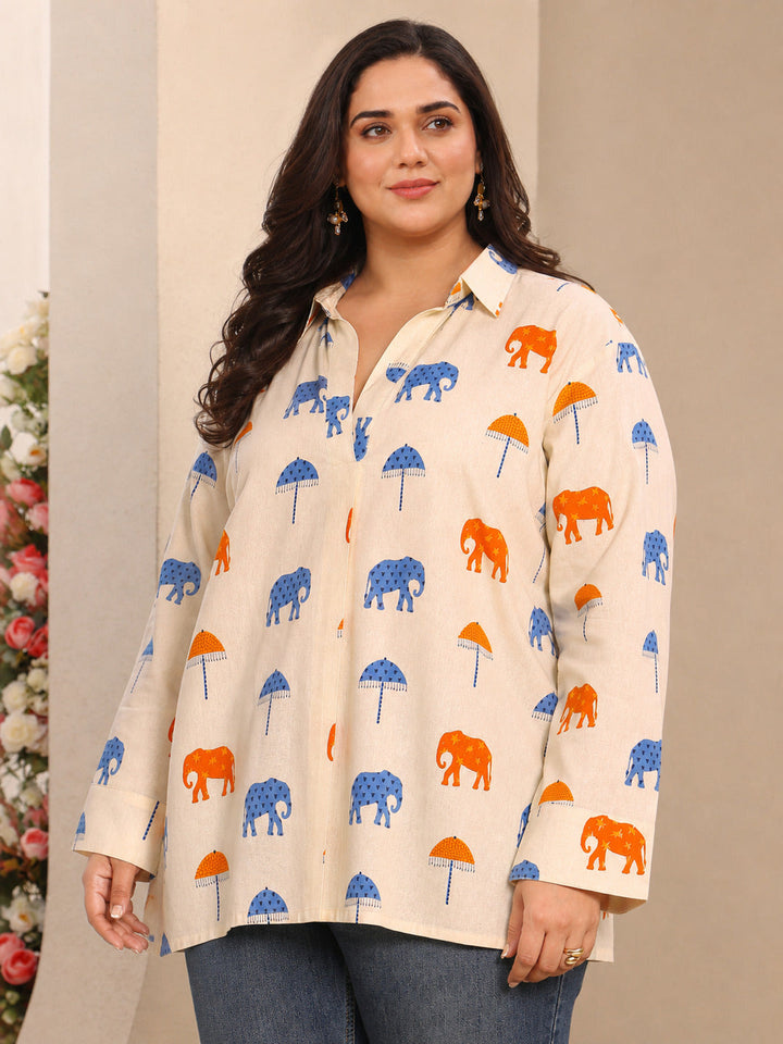 Plus Size Off White Humanoid Printed Cotton Straight Short Kurti
