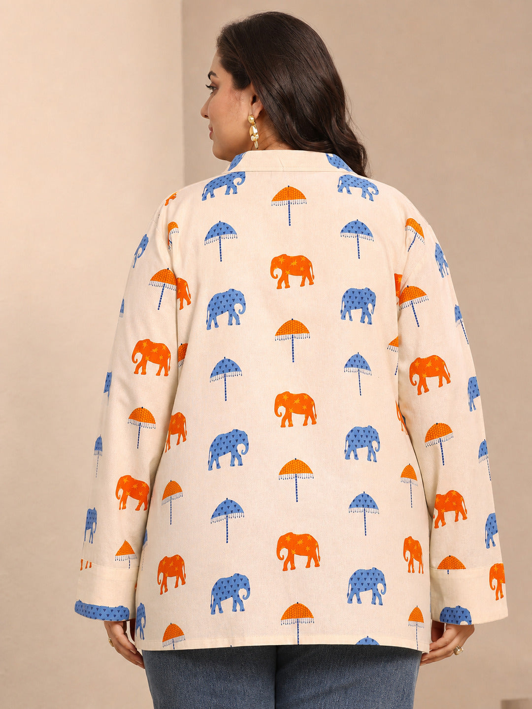 Plus Size Off White Humanoid Printed Cotton Straight Short Kurti