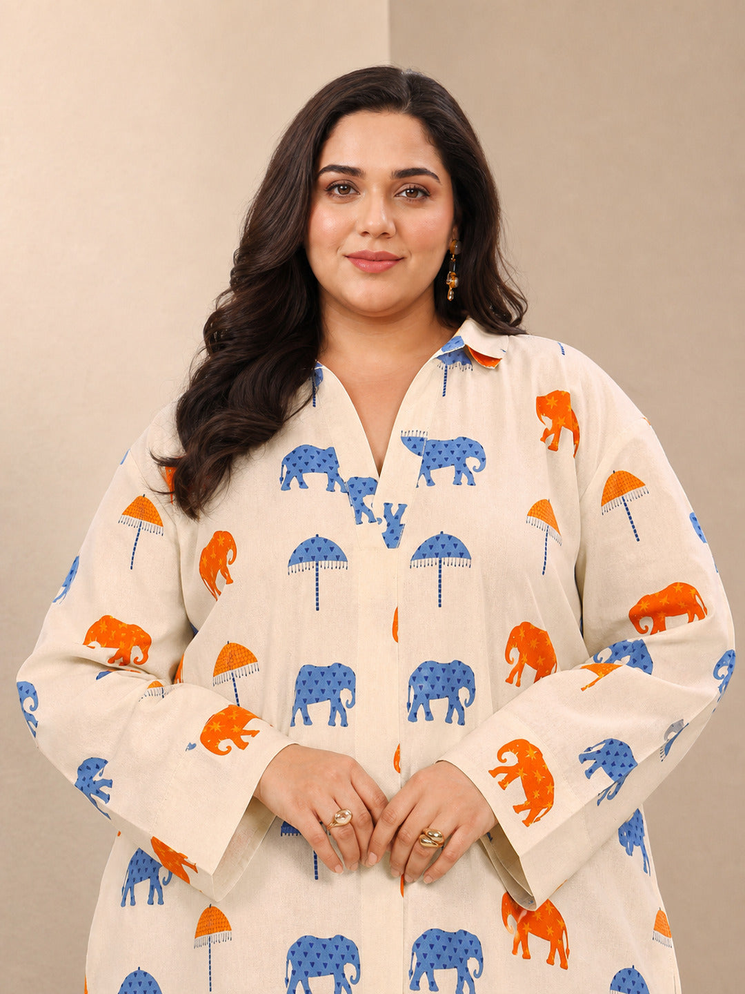 Plus Size Off White Humanoid Printed Cotton Straight Short Kurti