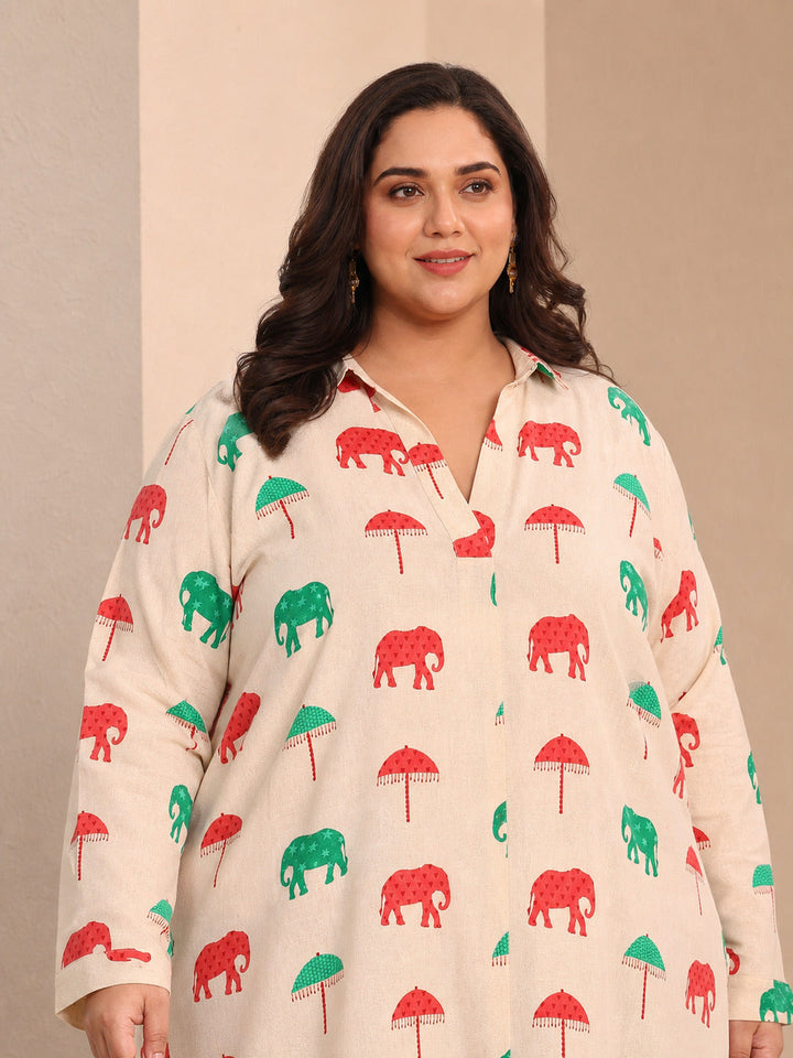 Plus Size Off White Printed Cotton Straight Short Kurti