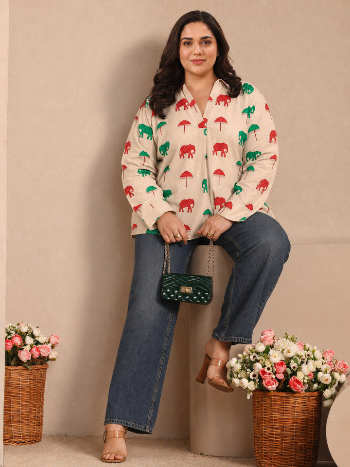 Plus Size Off White Printed Cotton Straight Short Kurti