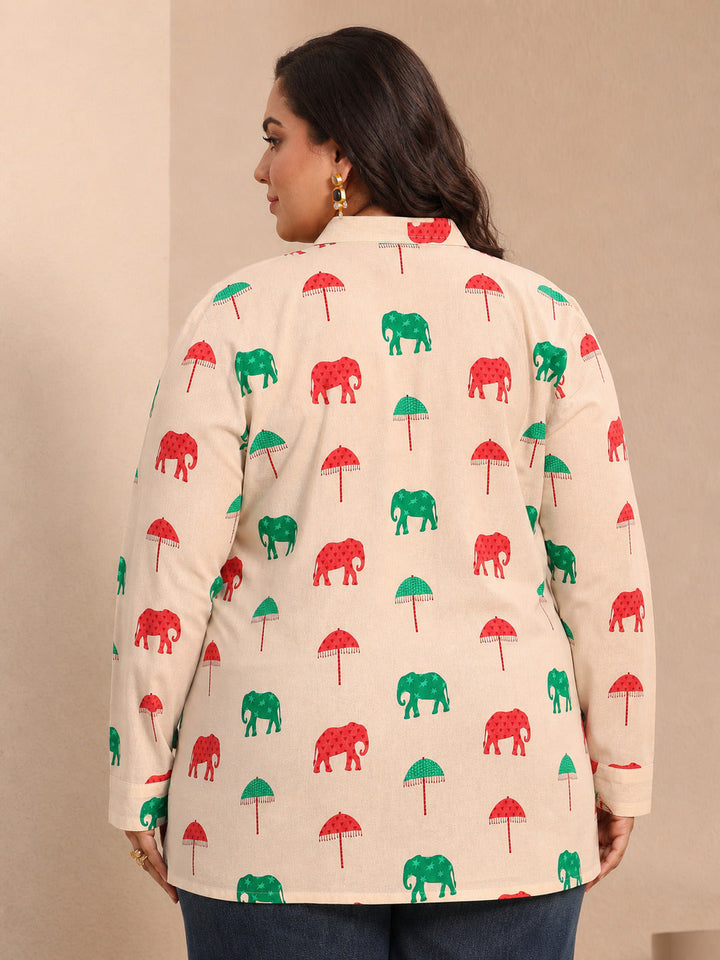 Plus Size Off White Printed Cotton Straight Short Kurti