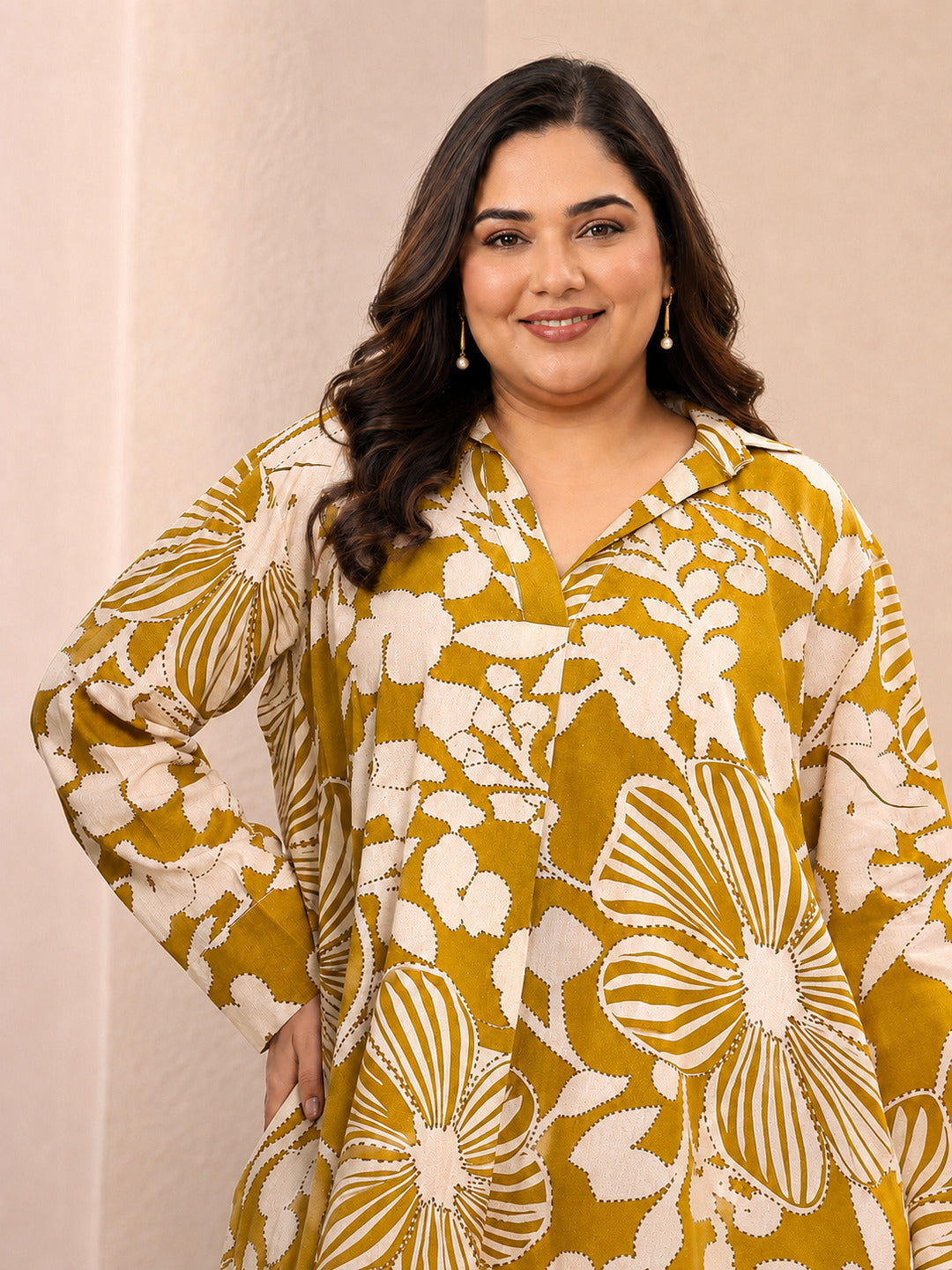 Plus Size Mustard Floral Printed Cotton Straight Short Kurti