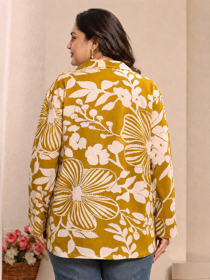 Plus Size Mustard Floral Printed Cotton Straight Short Kurti