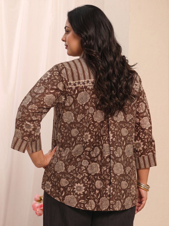 Plus Size Brown Floral Printed Cotton Shirt