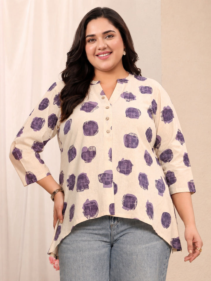 Plus Size Off White Geometric Printed Cotton Shirt