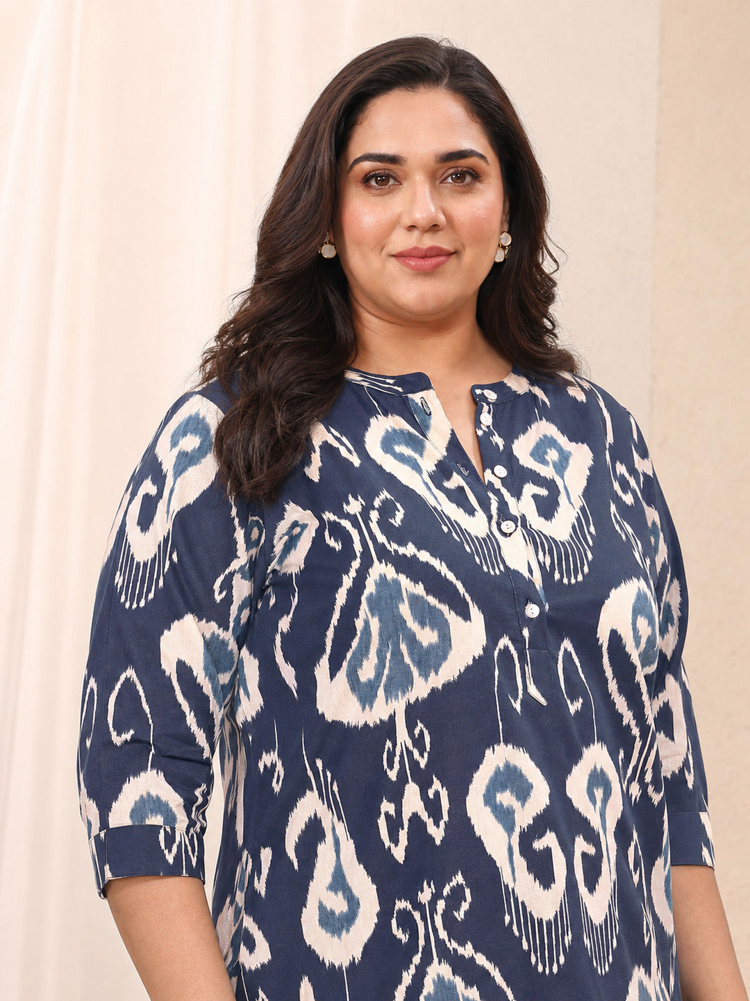 Plus Size Blue Abstract Printed Cotton Straight Short Kurti