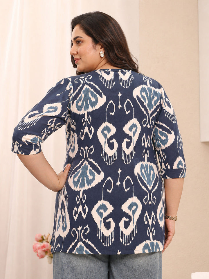Plus Size Blue Abstract Printed Cotton Straight Short Kurti