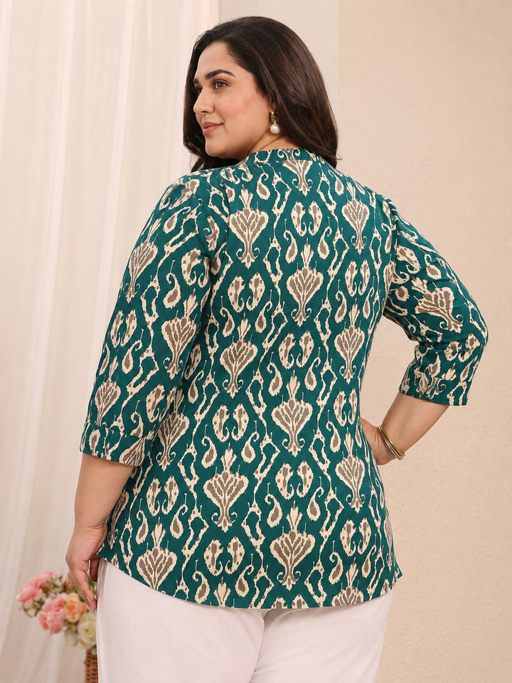 Plus Size Teal Ethnic Printed Cotton Straight Short Kurti