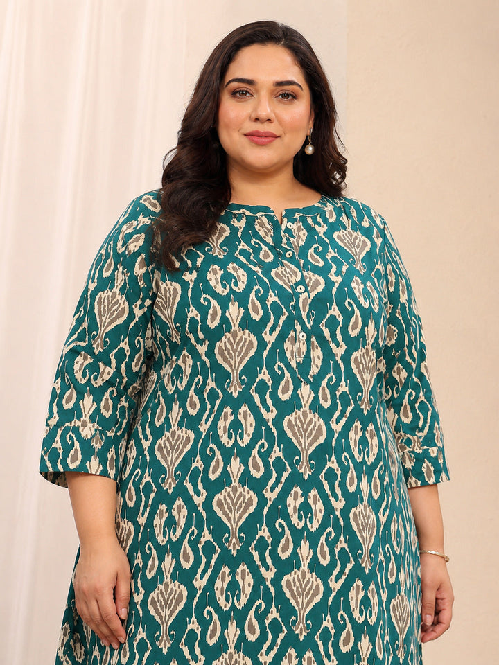 Plus Size Teal Ethnic Printed Cotton Straight Short Kurti