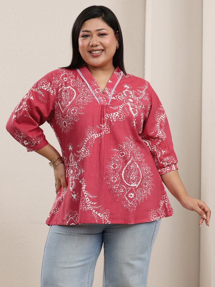 Plus Size Red Floral Printed Cotton Straight Short Kurti