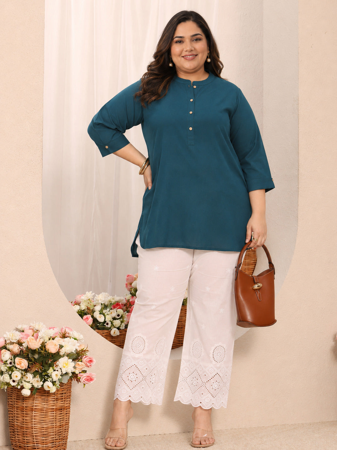 Plus Size Blue Solid Solid Cotton Straight Short Kurti