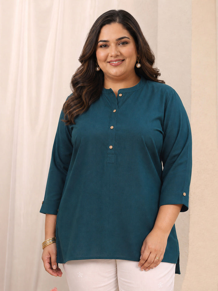 Plus Size Blue Solid Solid Cotton Straight Short Kurti