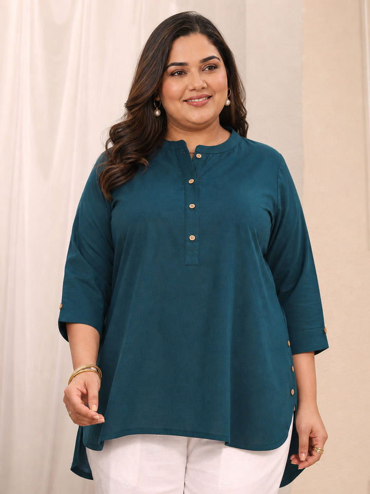 Plus Size Blue Solid Solid Cotton Straight Short Kurti
