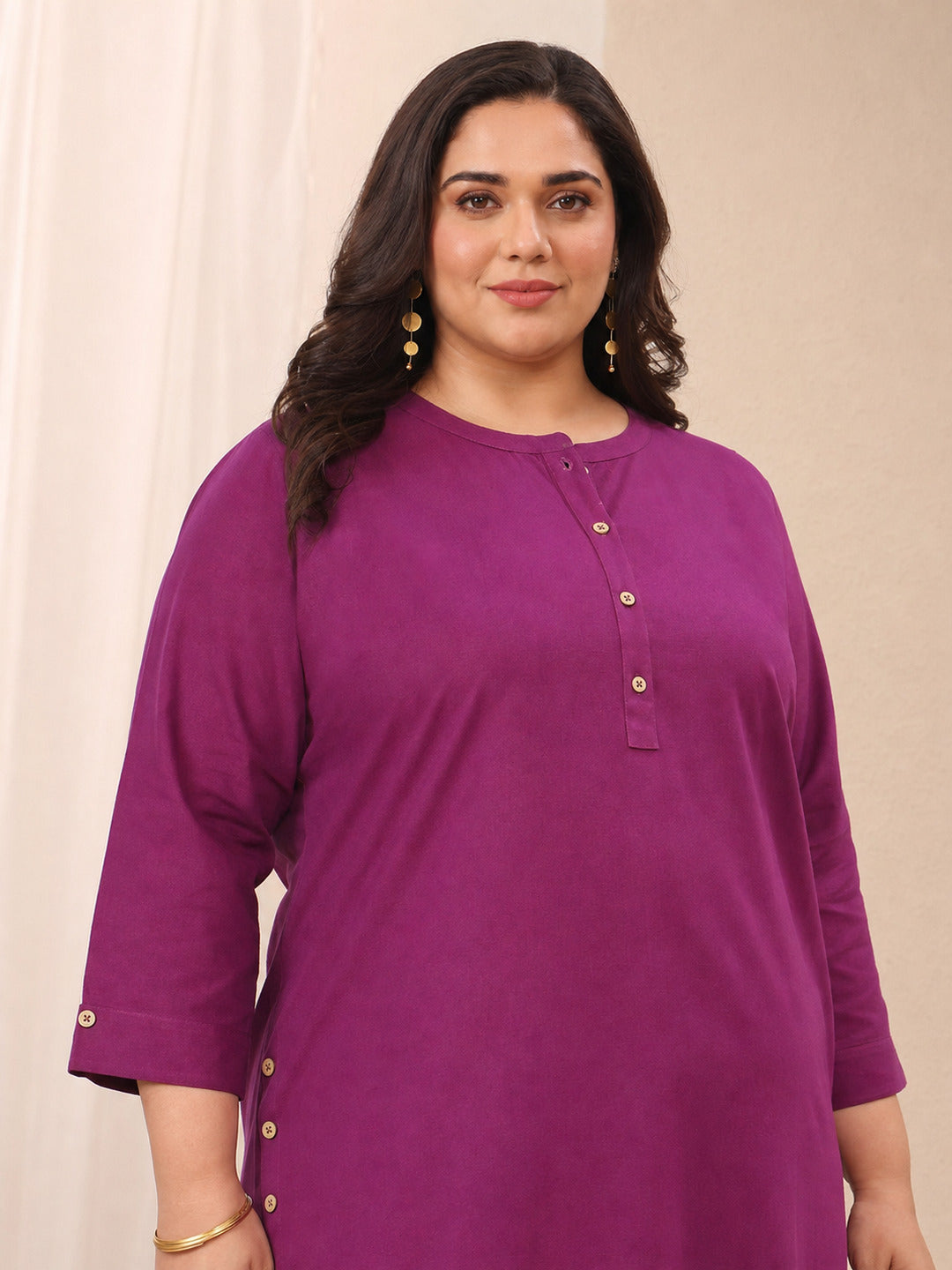 Plus Size Burgundy Solid Solid Cotton Straight Short Kurti