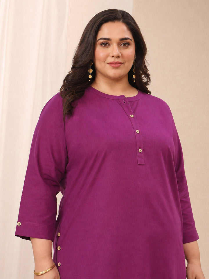Plus Size Burgundy Solid Solid Cotton Straight Short Kurti