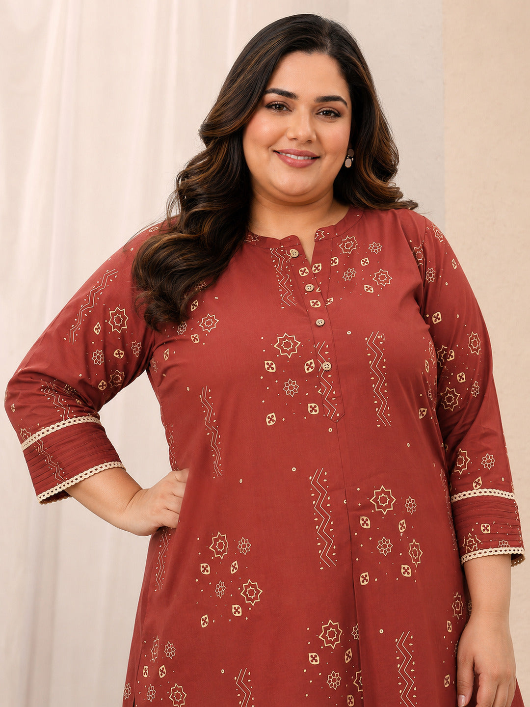 Plus Size Rust Ethnic Printed Cotton Straight Short Kurti