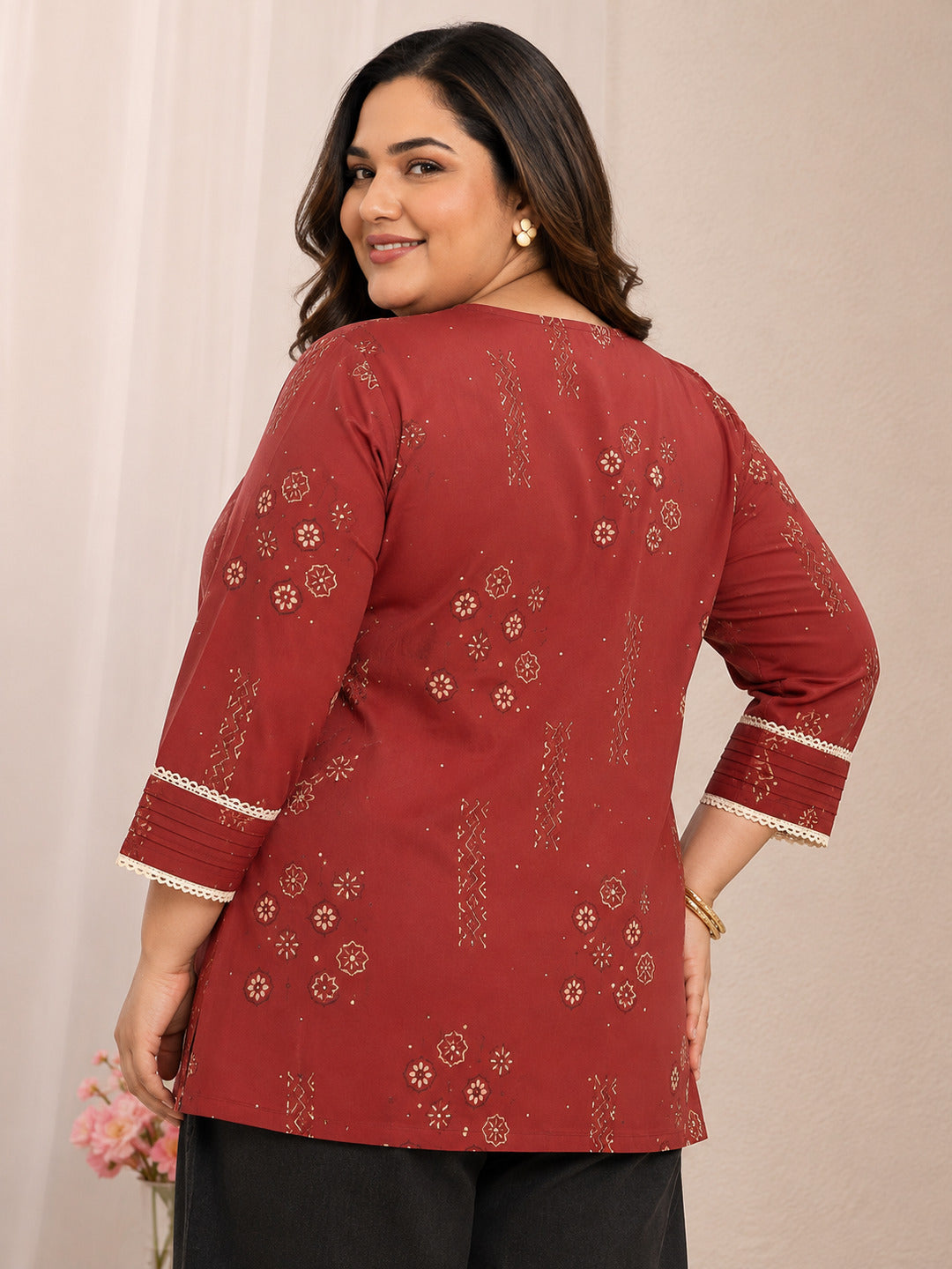 Plus Size Rust Ethnic Printed Cotton Straight Short Kurti