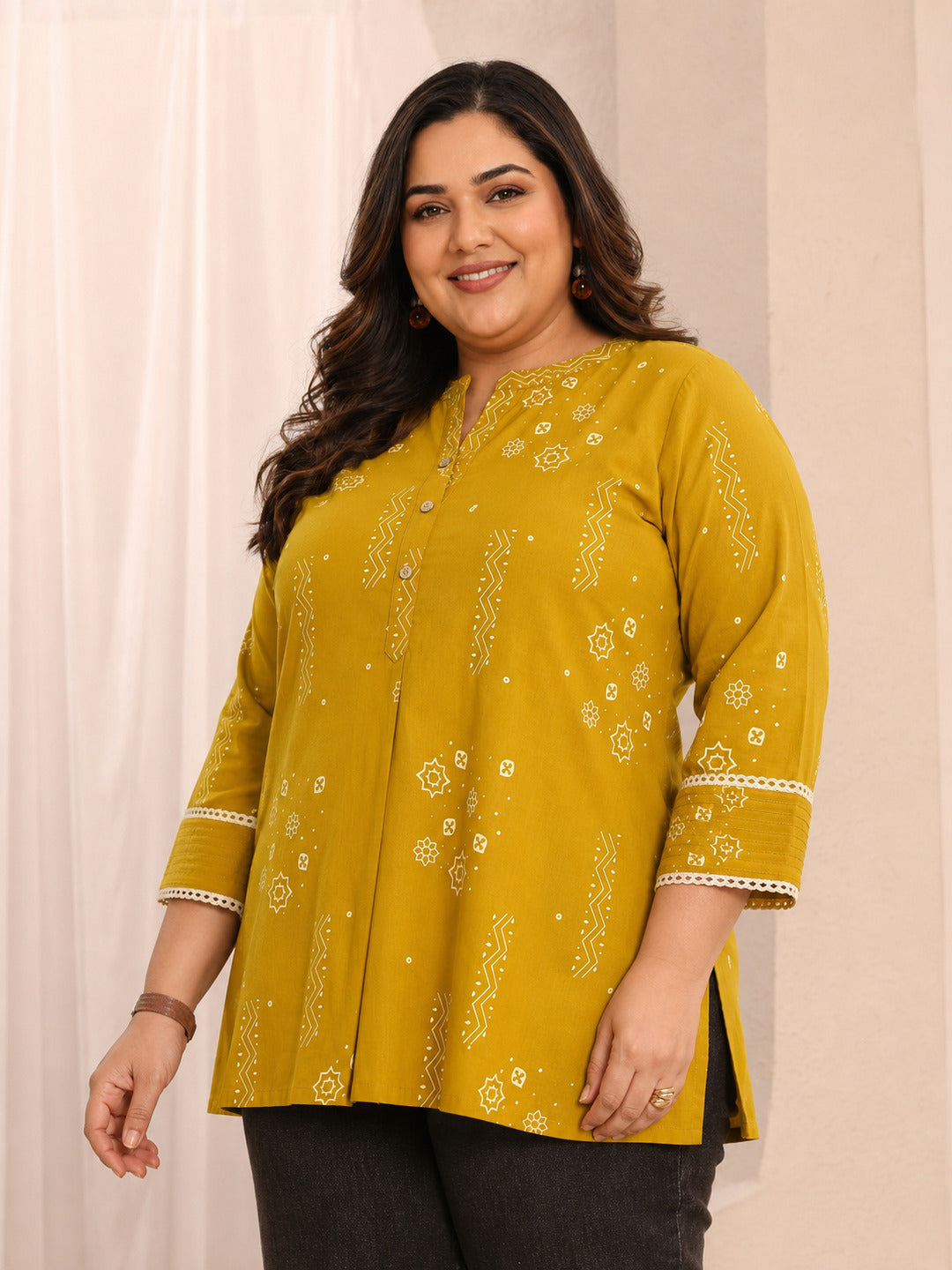 Plus Size Mustard Ethnic Printed Cotton Straight Short Kurti
