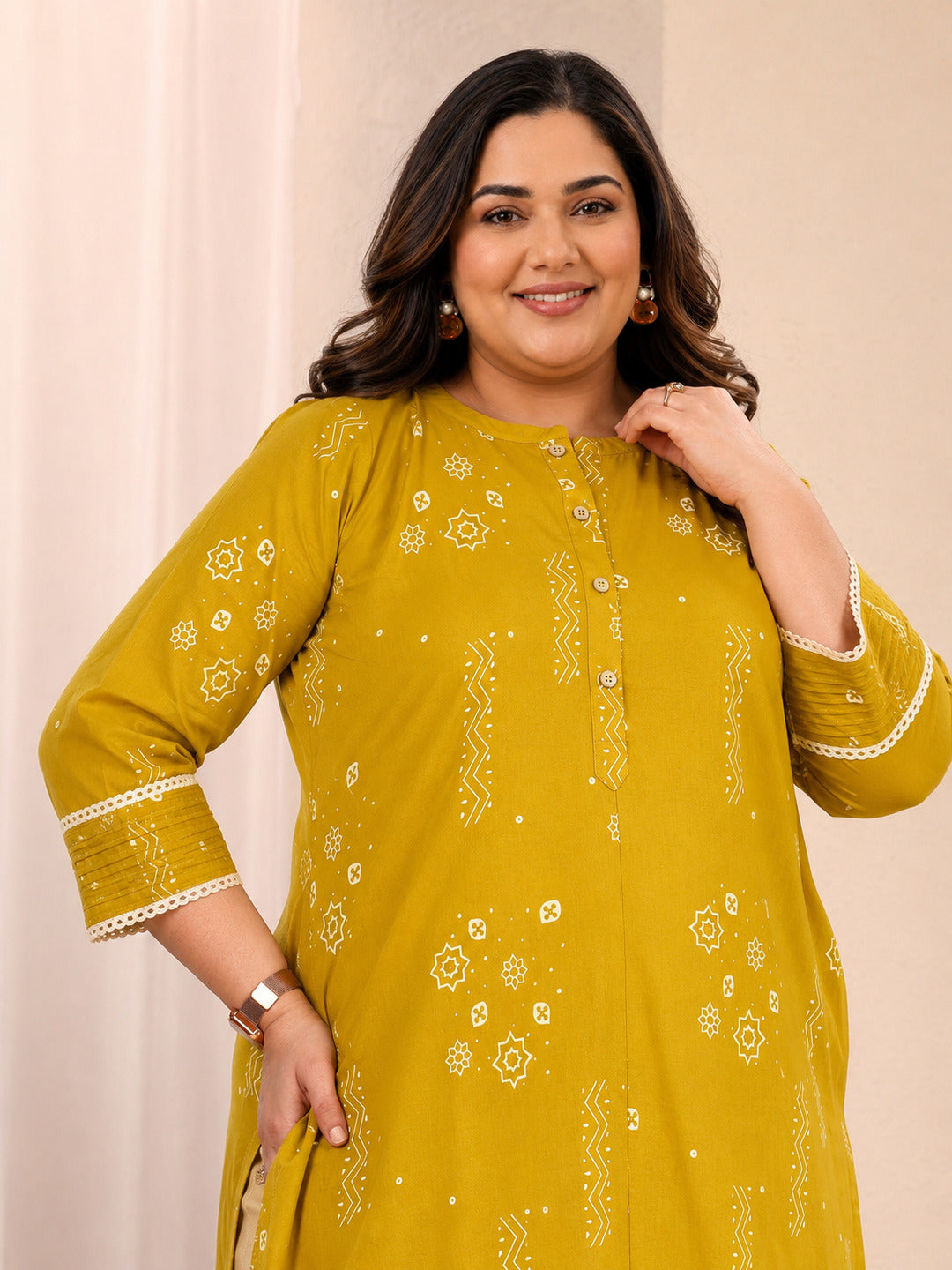 Plus Size Mustard Ethnic Printed Cotton Straight Short Kurti