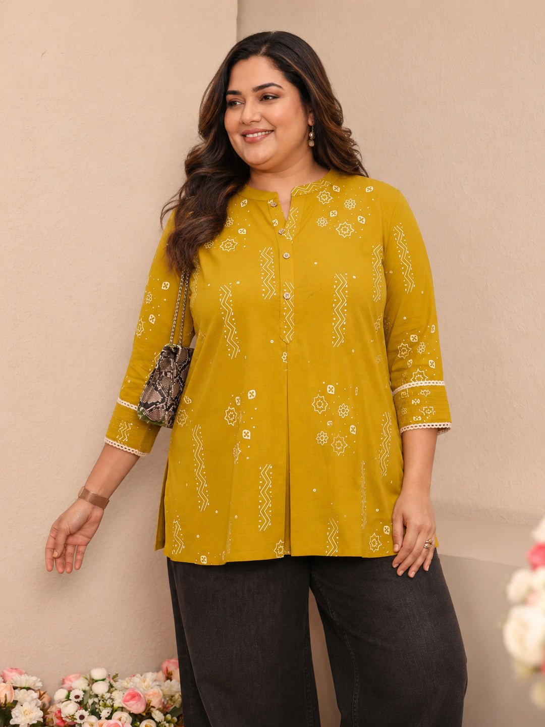 Plus Size Mustard Ethnic Printed Cotton Straight Short Kurti
