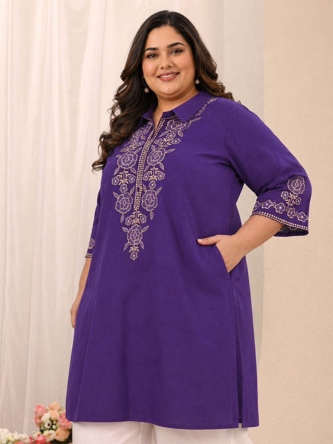 Plus Size Purple Floral Embroidered Cotton Straight Short Kurti
