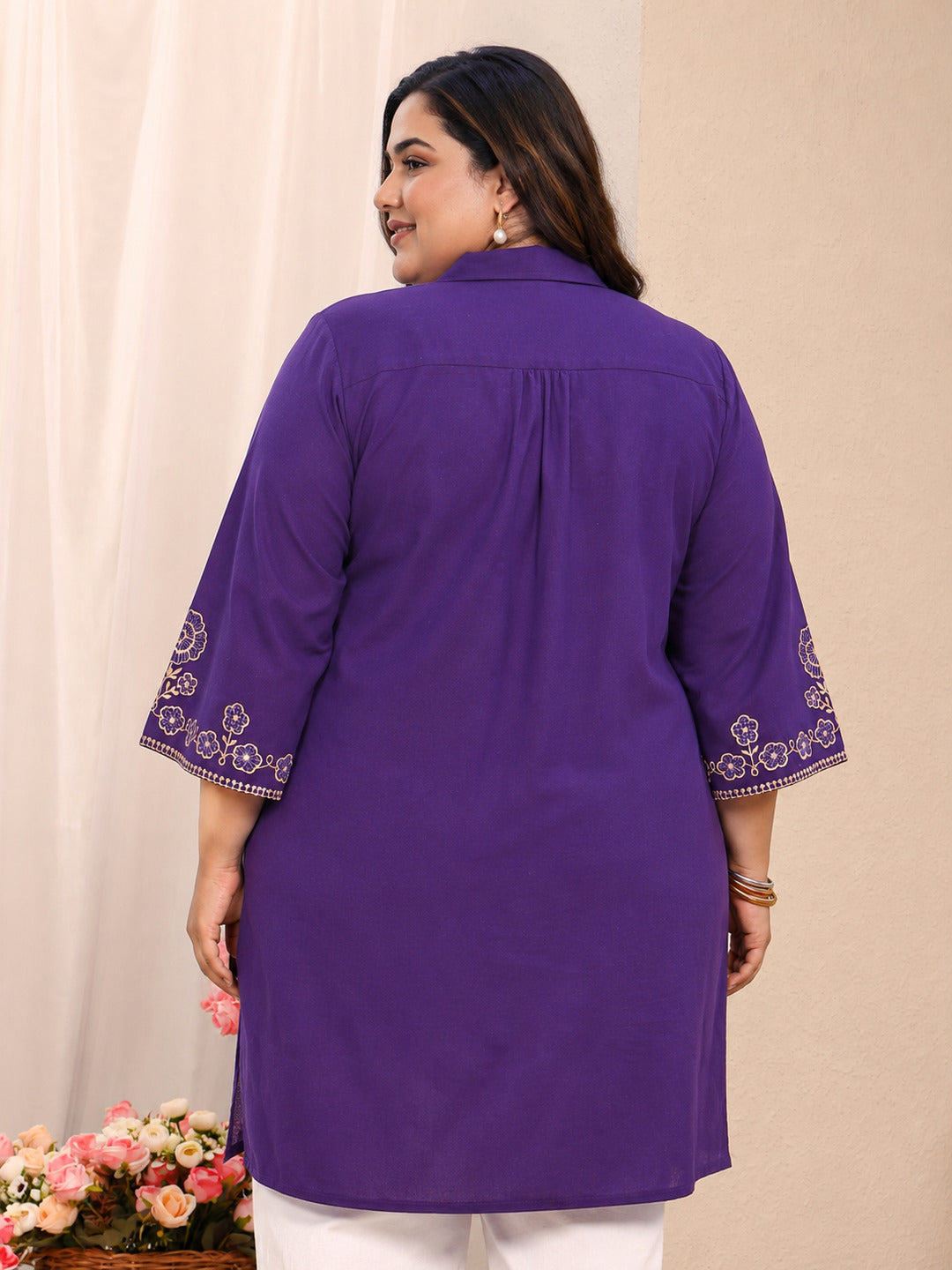 Plus Size Purple Floral Embroidered Cotton Straight Short Kurti