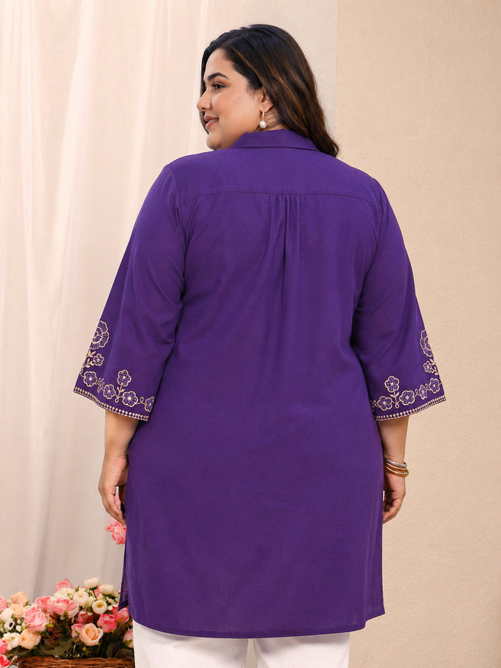 Plus Size Purple Floral Embroidered Cotton Straight Short Kurti