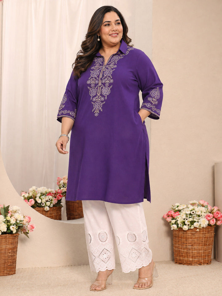 Plus Size Purple Floral Embroidered Cotton Straight Short Kurti