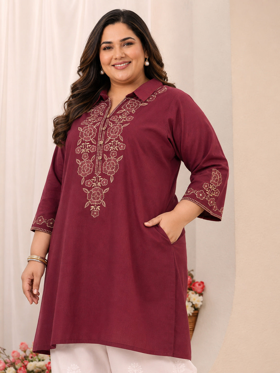 Plus Size Rust Floral Embroidered Cotton Straight Short Kurti