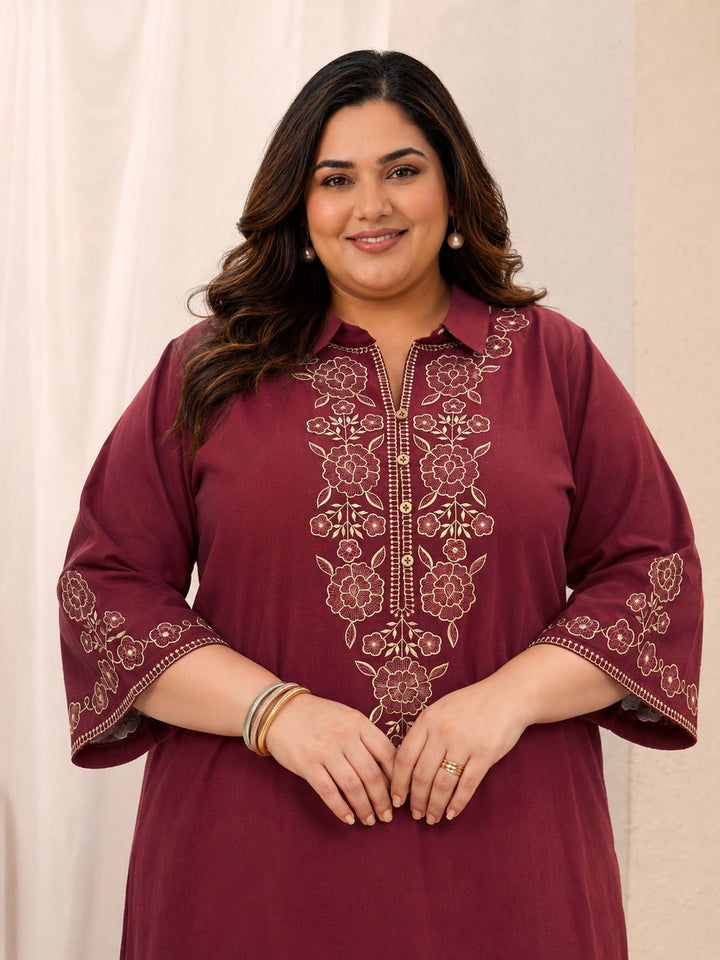 Plus Size Rust Floral Embroidered Cotton Straight Short Kurti