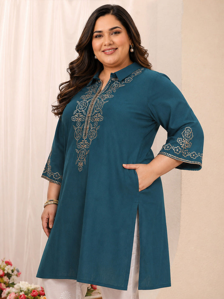 Plus Size Blue Floral Embroidered Cotton Straight Short Kurti