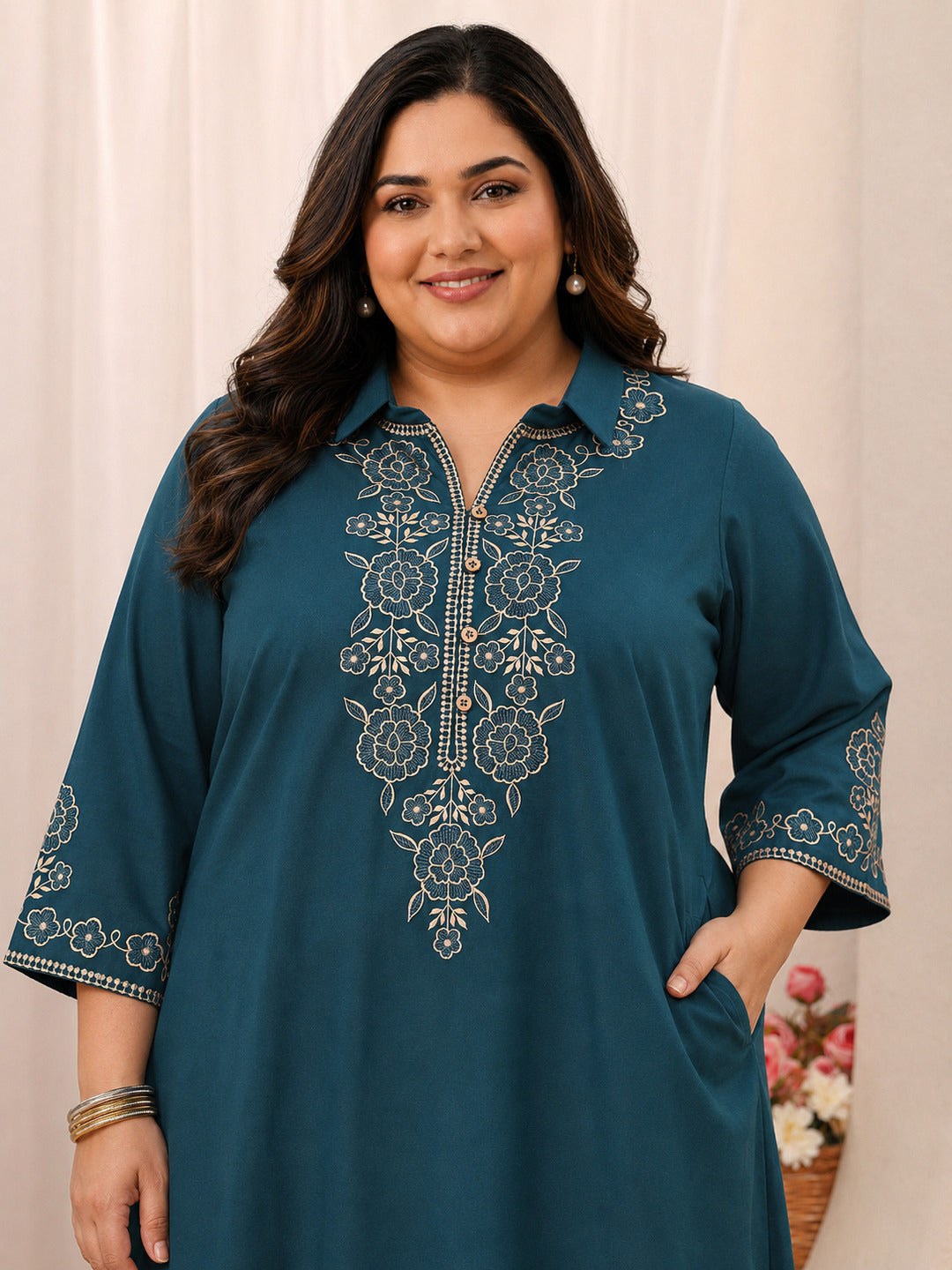 Plus Size Blue Floral Embroidered Cotton Straight Short Kurti