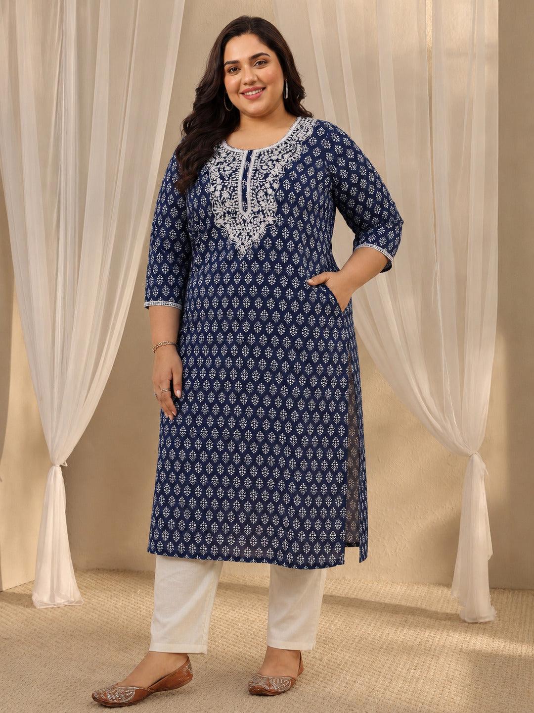 Plus Size Blue Ethnic Motif Printed Cotton Straight Kurta