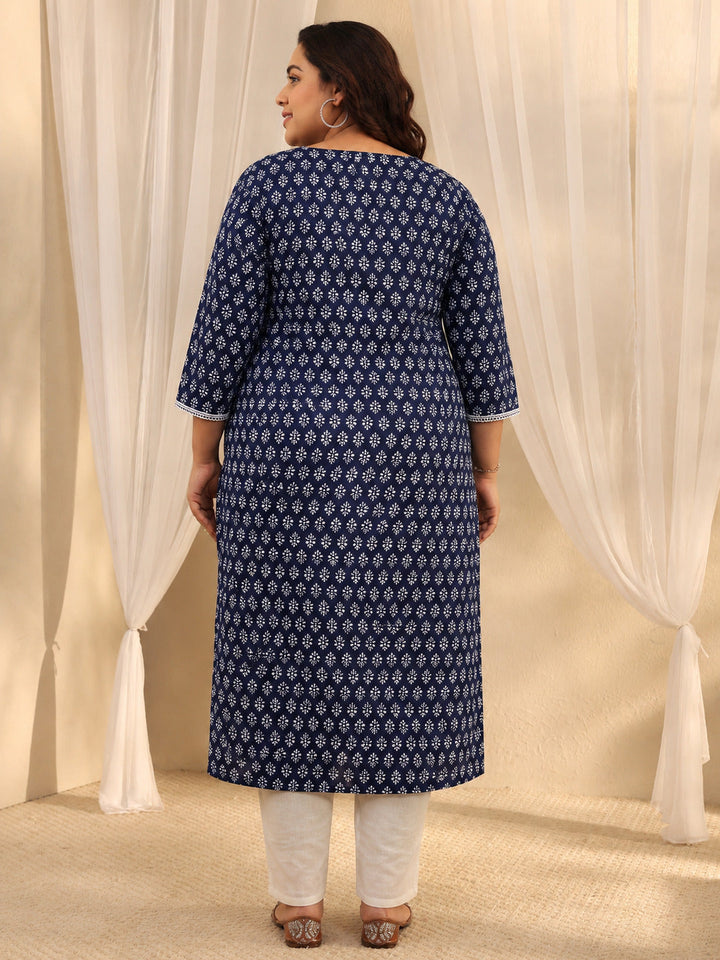 Plus Size Blue Ethnic Motif Printed Cotton Straight Kurta