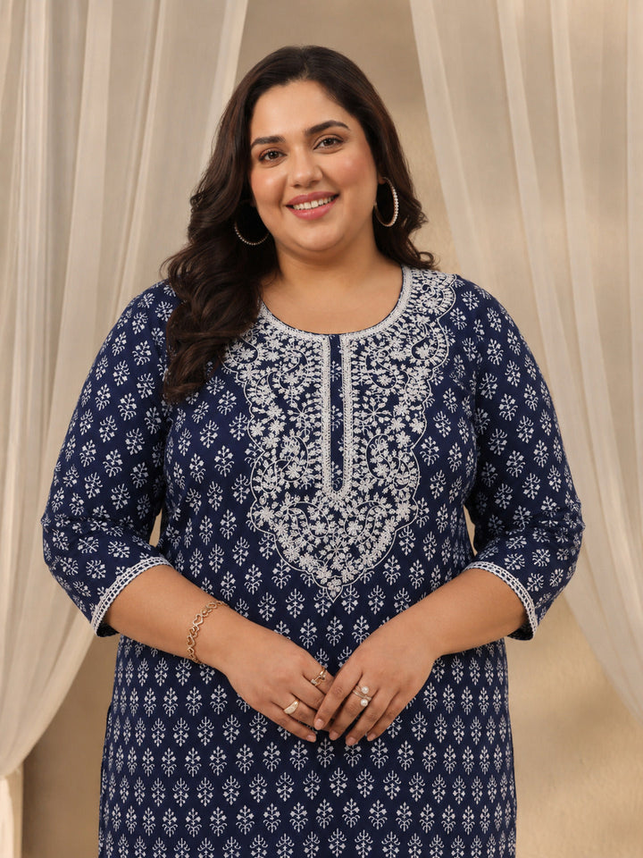 Plus Size Blue Ethnic Motif Printed Cotton Straight Kurta