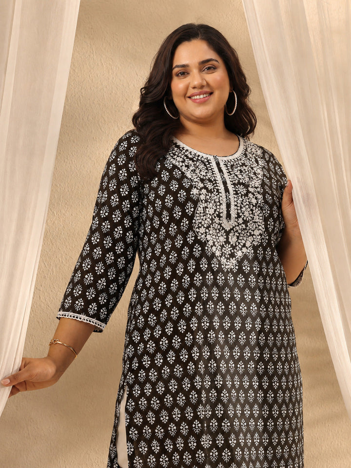 Plus Size Black Ethnic Motif Printed Cotton Straight Kurta