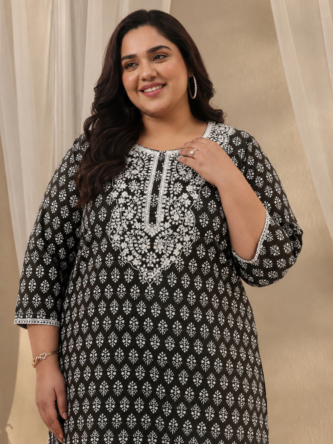 Plus Size Black Ethnic Motif Printed Cotton Straight Kurta