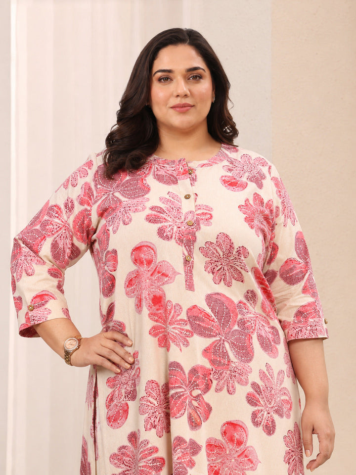 Plus Size Off White Floral Printed Cotton Straight Short Kurti