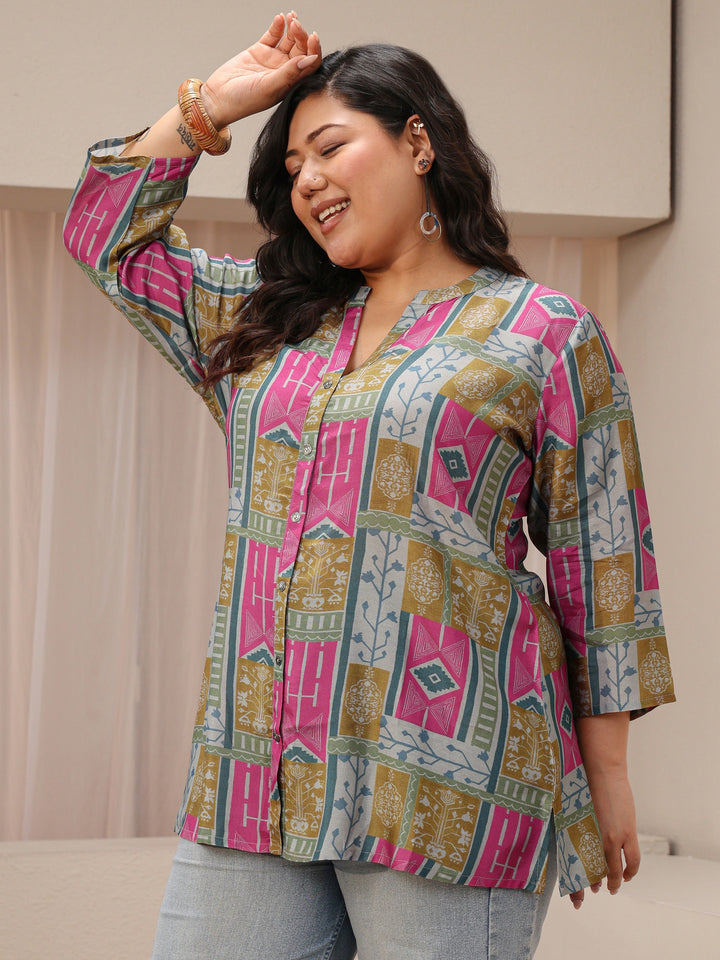 Plus Size Multicolour Ethnic Printed Silk blend Shirt