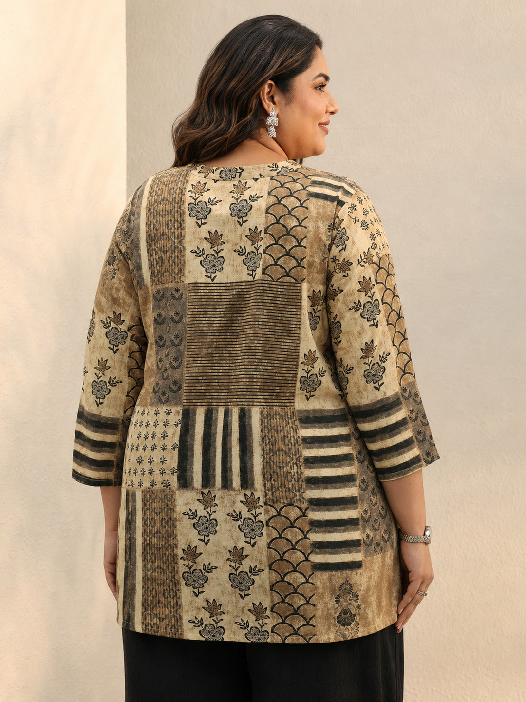 Plus Size Beige Multi Printed Silk Blend Straight Short Kurti