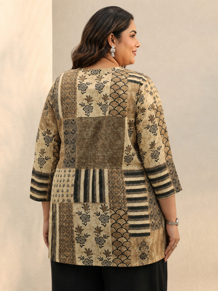 Plus Size Beige Multi Printed Silk Blend Straight Short Kurti