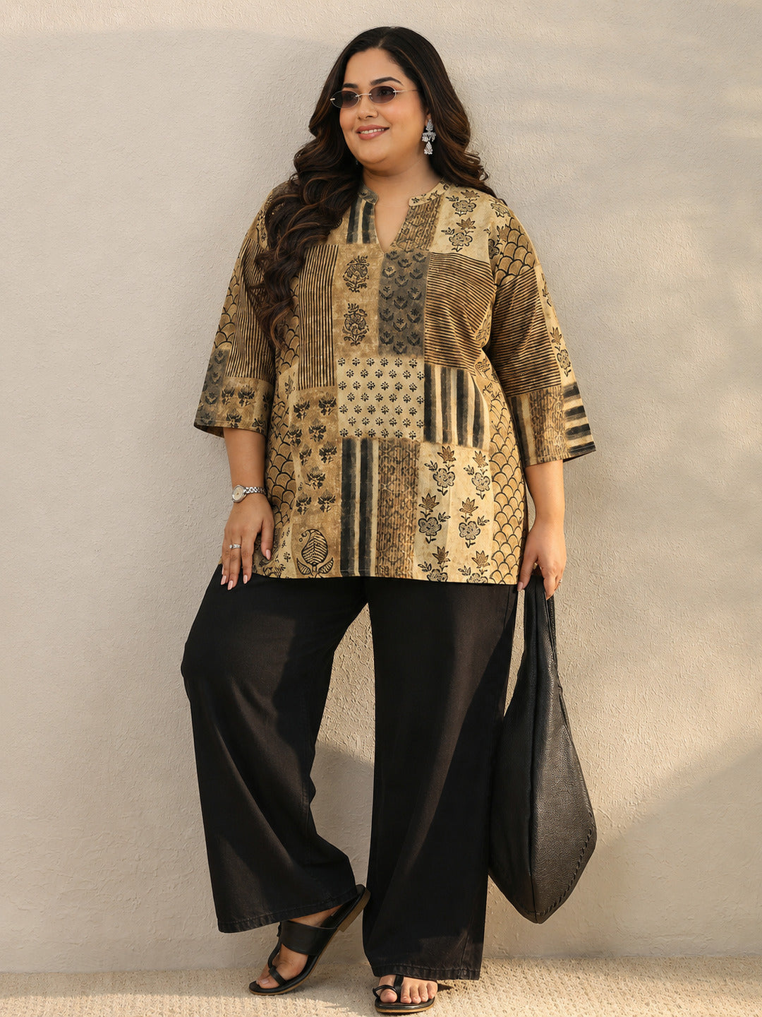Plus Size Beige Multi Printed Silk Blend Straight Short Kurti