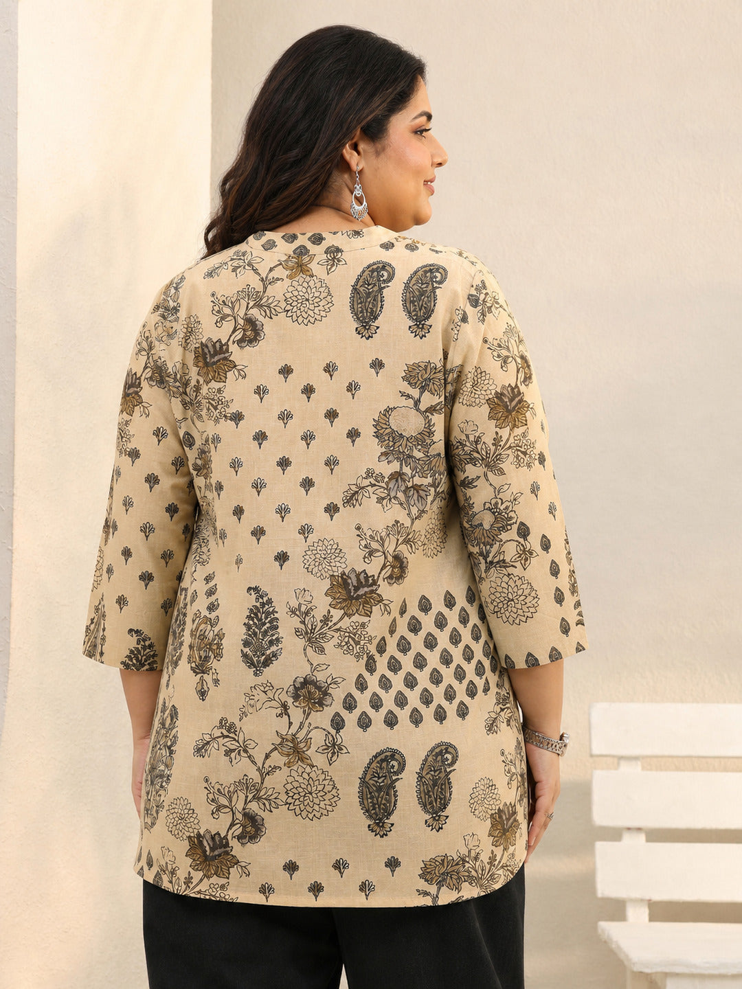 Plus Size Beige Ethnic Printed Silk Blend Straight Short Kurti