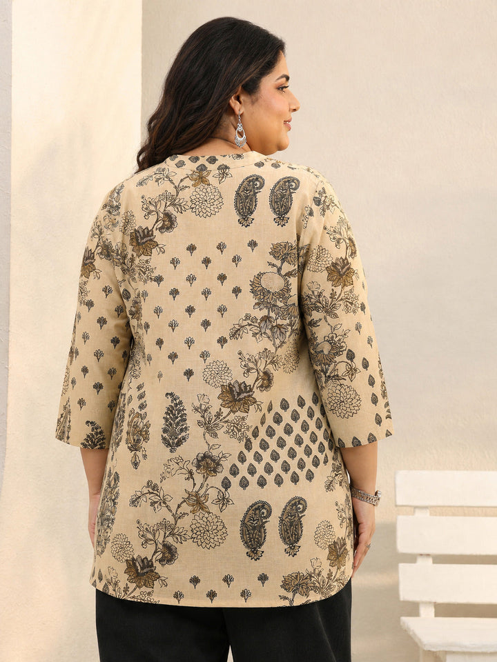 Plus Size Beige Ethnic Printed Silk Blend Straight Short Kurti