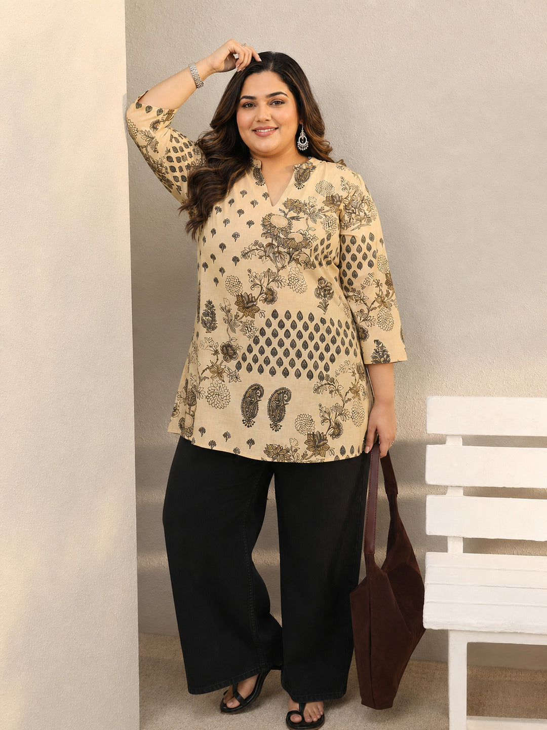 Plus Size Beige Ethnic Printed Silk Blend Straight Short Kurti