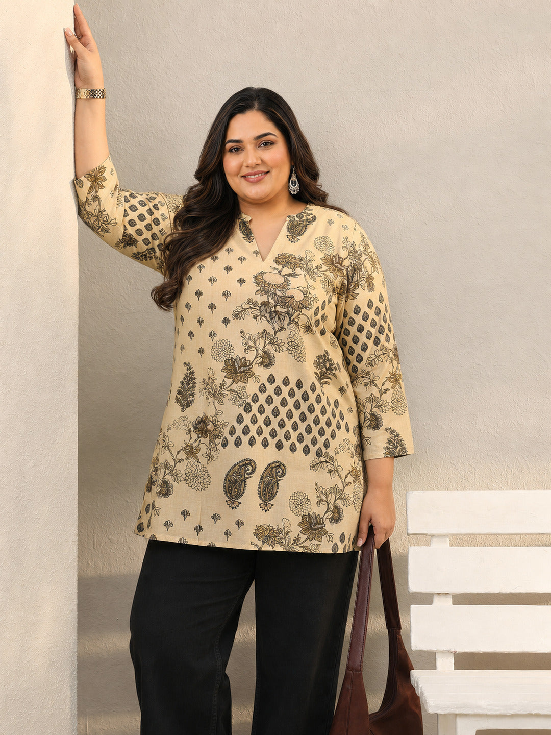 Plus Size Beige Ethnic Printed Silk Blend Straight Short Kurti