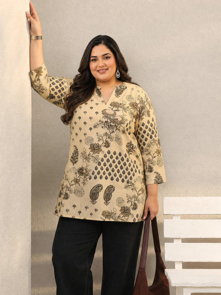 Plus Size Beige Ethnic Printed Silk Blend Straight Short Kurti