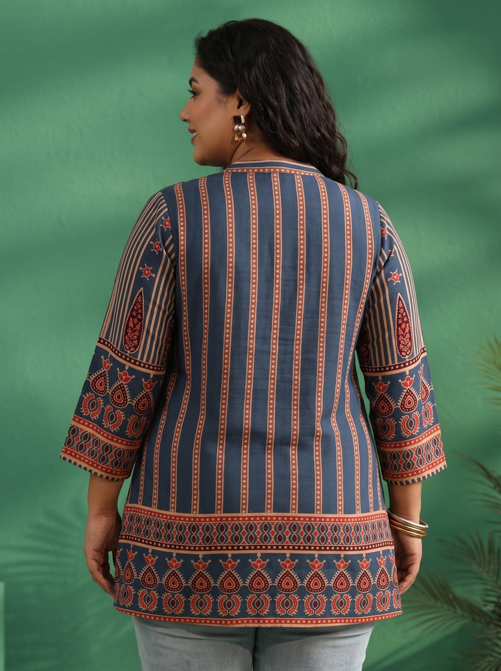 Plus Size Blue Striped Silk Blend Short Kurti